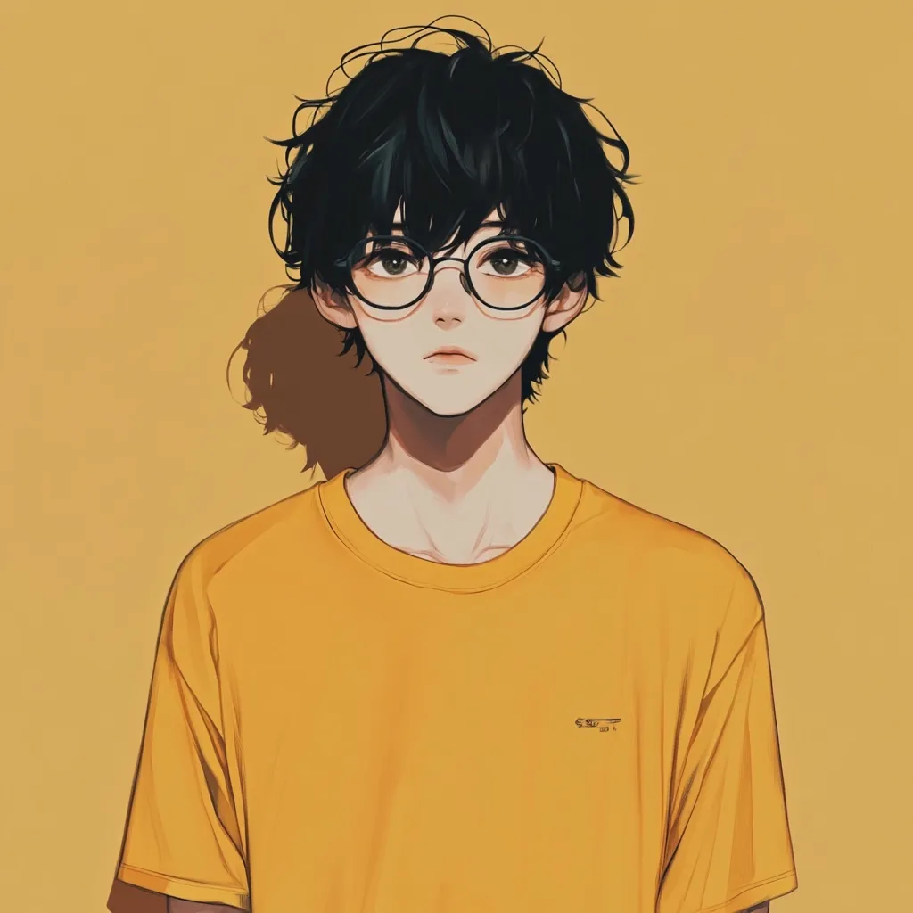 The illustration depicts a young anime-style boy with short, dark hair and round glasses. He has a calm expression and is wearing a mustard-yellow t-shirt.  The background is a solid, pale yellow, creating a simple yet striking contrast with the boy's attire and hair. The style is clean and soft, with a focus on subtle shading and details.