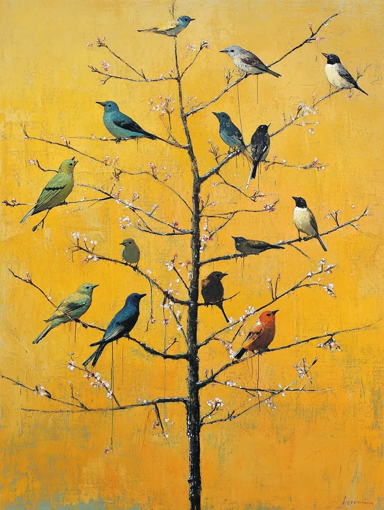 A vibrant painting depicts a tree with numerous small birds perched on its branches against a golden yellow background.  The birds are rendered in various shades of blue, green, orange, and black, showcasing a diversity of species.  Delicate white blossoms adorn the branches, adding a touch of springtime to the scene. The painting’s texture is rich and slightly rough, emphasizing the organic feel of both the tree and birds.