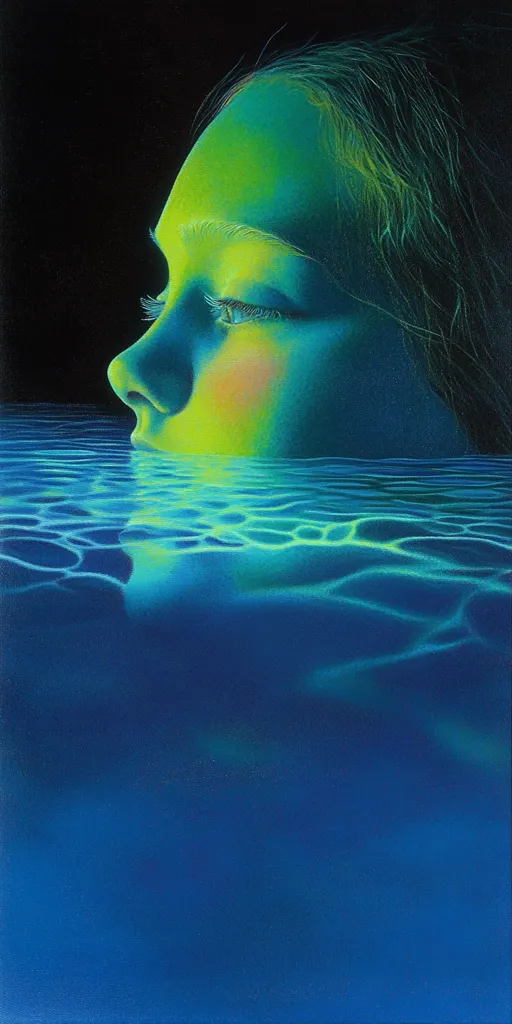 A vibrant, surreal painting depicts a woman's face partially submerged in water.  The woman's face is illuminated in striking shades of green and teal, contrasting with the darker blue of the water.  Her eyes are closed, and her expression is serene.  The water's surface reflects light, creating ripples and subtle patterns. The overall effect is dreamlike and evocative.