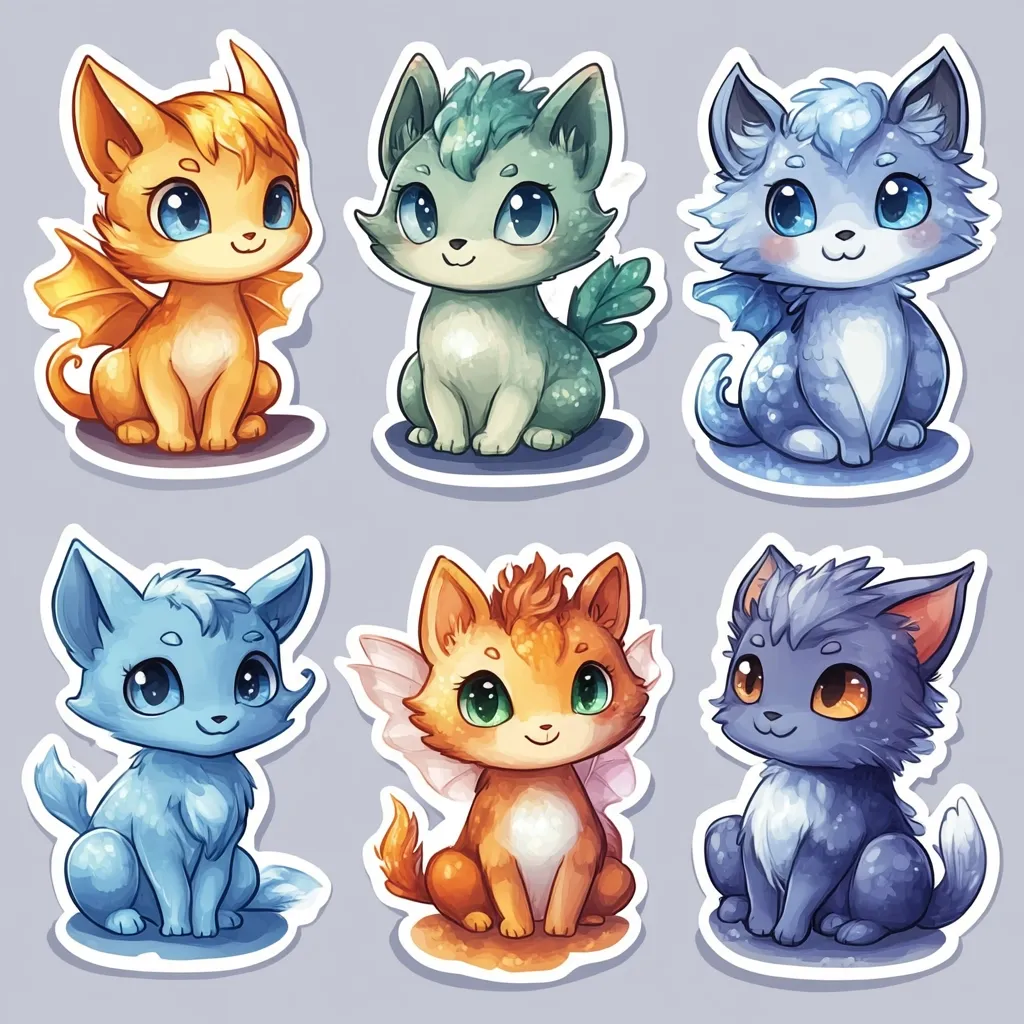 Six adorable, cartoon-style fantasy kittens are depicted in a sticker-like arrangement.  Each kitten boasts unique coloring and features, including small wings or fins, and large, expressive eyes.  The color palette includes shades of orange, blue, green, and purple, giving each kitten a distinct magical personality.  They are presented against a muted grey background.