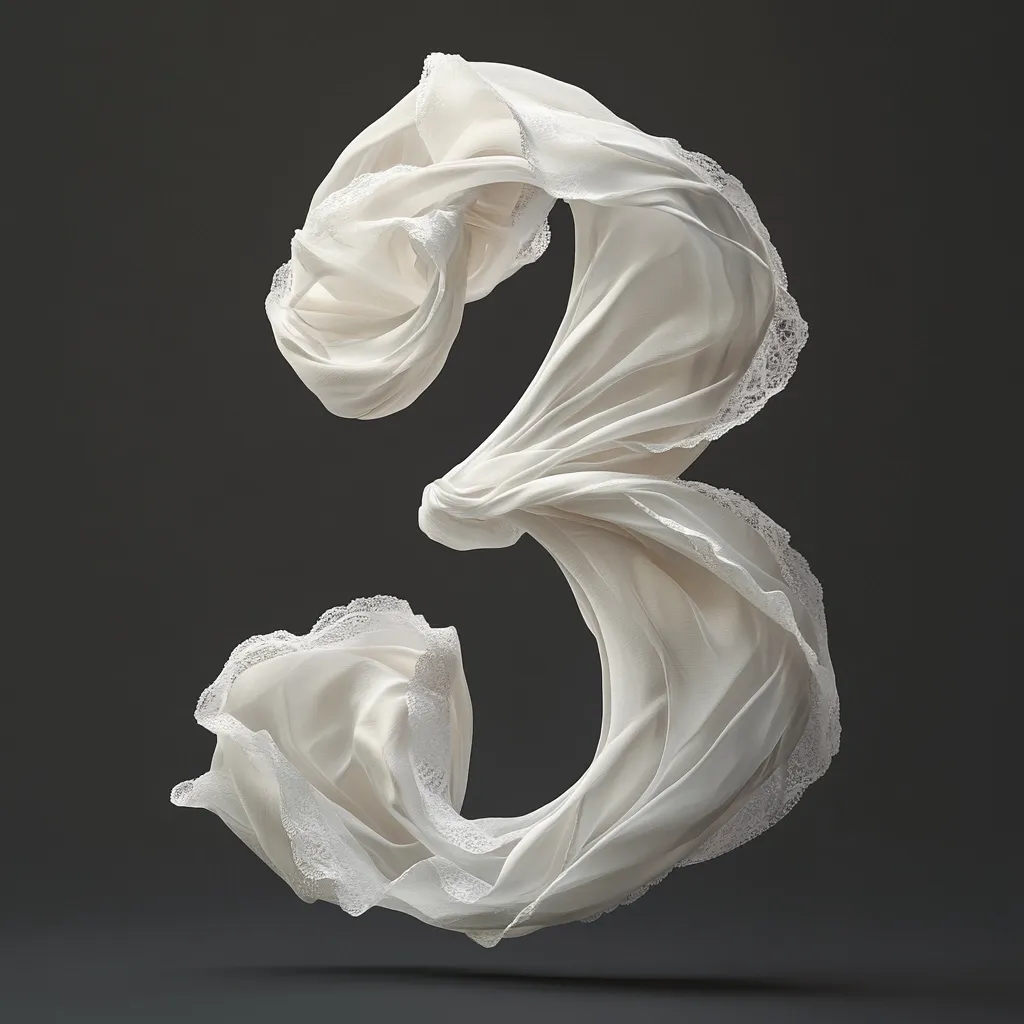 A flowing, off-white fabric, possibly silk or chiffon, forms the number three.  The fabric is delicately draped, creating a sense of movement and lightness.  Lace trim accents the edges, adding a touch of elegance. The image is set against a dark gray background, emphasizing the fabric's texture and form.  The overall effect is graceful and ethereal.