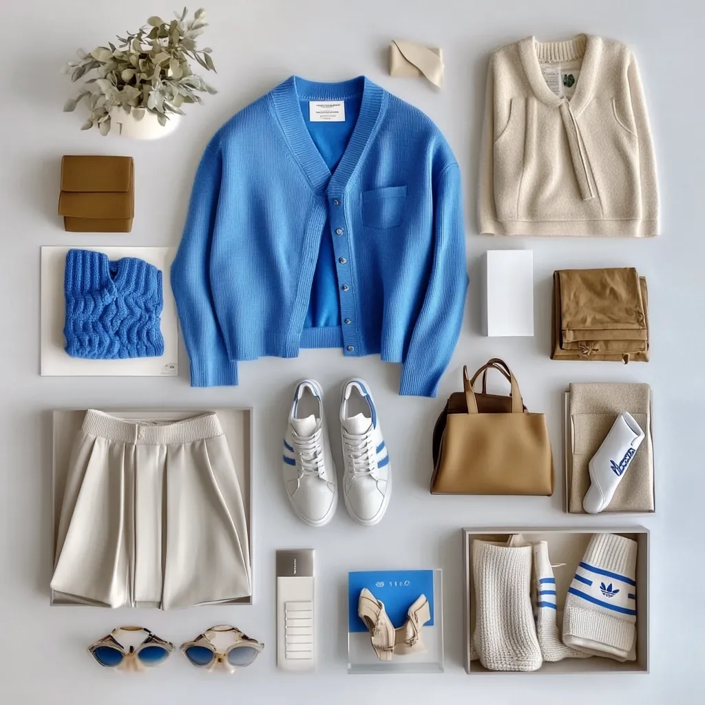A flat lay showcasing a curated collection of women's apparel and accessories.  Featured items include a blue cardigan, beige sweater, cream shorts, white sneakers with blue stripes, a tan handbag, and various socks and eyewear.  The arrangement is organized and aesthetically pleasing, highlighting a minimalist and sophisticated style.  Neutral tones are complemented by pops of blue, creating a visually calming and cohesive image.