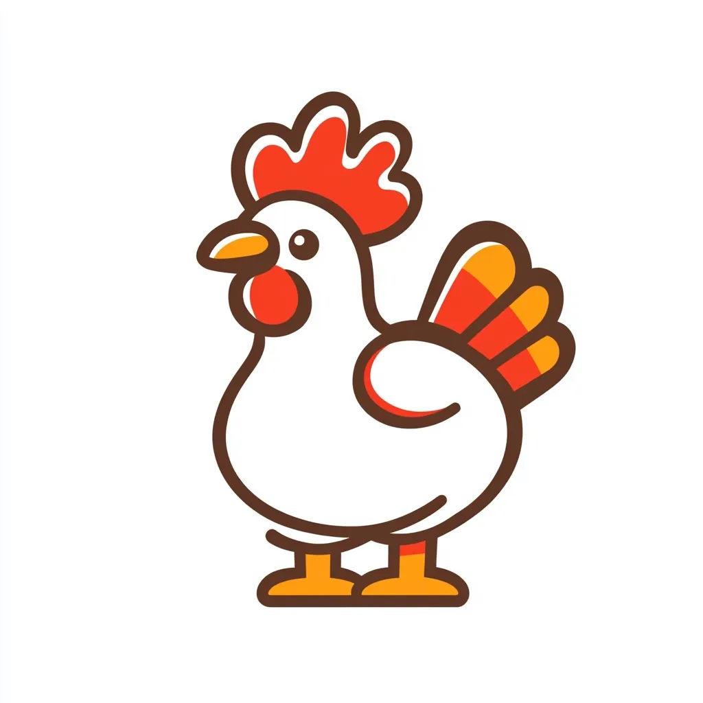A cartoon rooster is depicted in a simplistic, line-art style.  Its body is white, with orange and red accents on its comb, wattle, and tail feathers. The rooster stands upright with its legs and feet colored orange.  The overall design is cheerful and friendly, suitable for children's illustrations or branding.