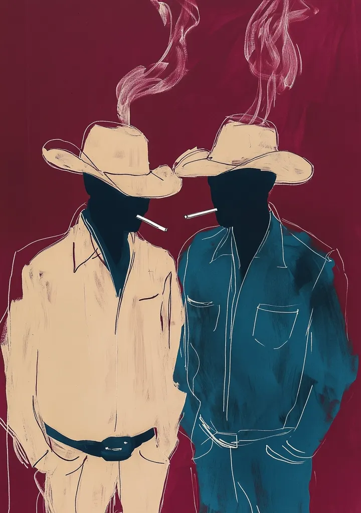 A stylized artwork depicts two silhouetted figures, possibly cowboys, wearing hats and smoking cigarettes.  They stand side by side against a deep maroon background.  The figures are rendered in muted beige and teal, with loose brushstrokes conveying a sense of movement and atmosphere.  The cigarette smoke curls upwards, adding to the overall artistic composition.