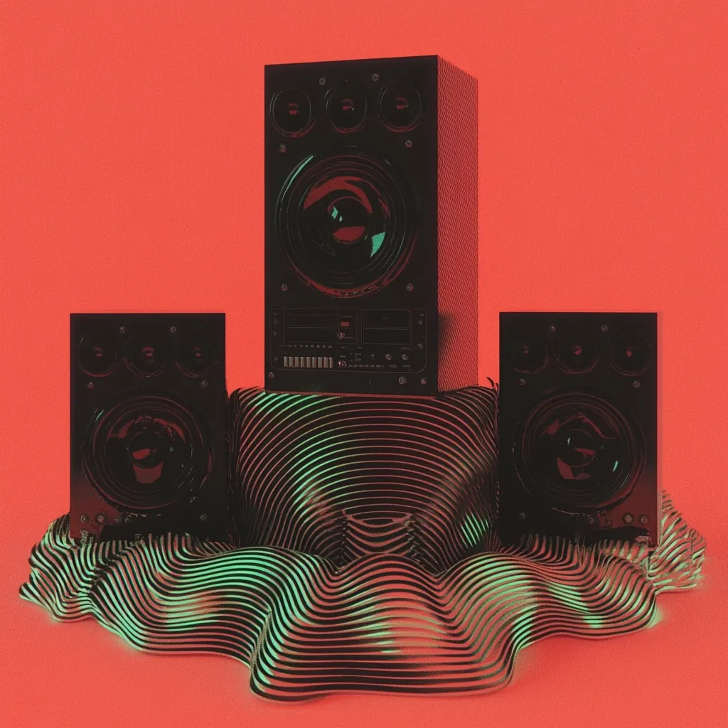 Three black speakers, a large central unit flanked by two smaller ones, rest on a swirling, striped platform.  The vibrant red background contrasts sharply with the dark speakers and teal-green platform.  The scene has a retro, almost 80s aesthetic, with a stylized, digital feel. The overall image is clean and geometric.