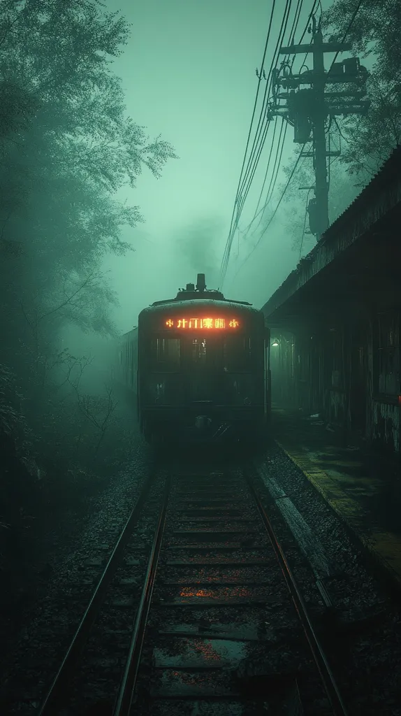A lone train sits on a track shrouded in thick fog, its destination displayed in Japanese characters on its illuminated sign.  Overgrown trees and a dilapidated, old train station frame the scene, creating a dark, mysterious, and atmospheric image. The overall color palette is a deep teal, enhancing the sense of mystery and eeriness.  The scene is evocative of a forgotten place, steeped in silence and a sense of melancholic isolation.