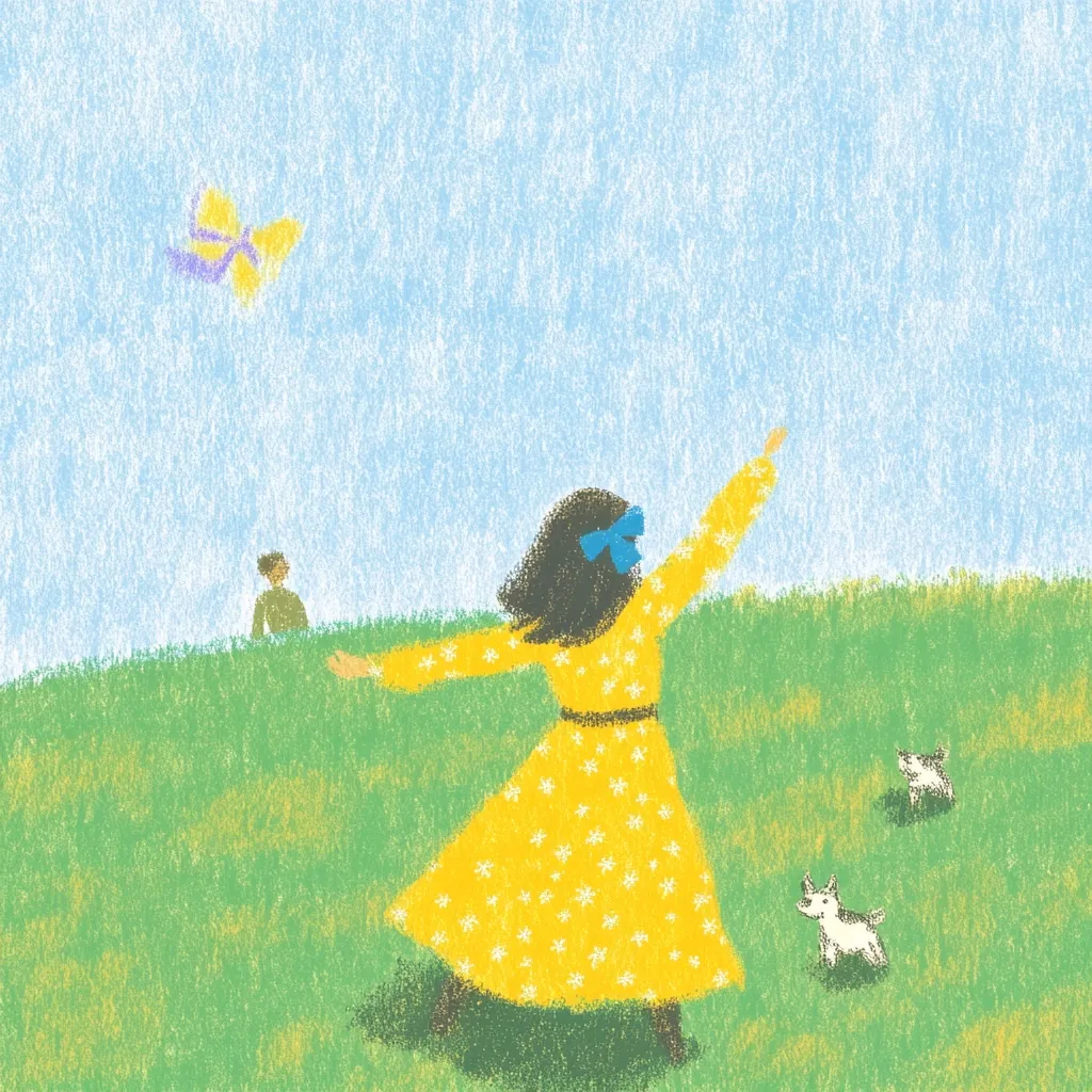 A girl in a yellow, flower-printed dress stands in a grassy field, arms outstretched, watching a butterfly flutter in the light blue sky. Two small dogs are nearby. A man stands in the distance, observing the scene. The illustration's textured style suggests crayon or pastel work, creating a whimsical, childlike mood. The overall feeling is one of carefree joy and simple pleasures.