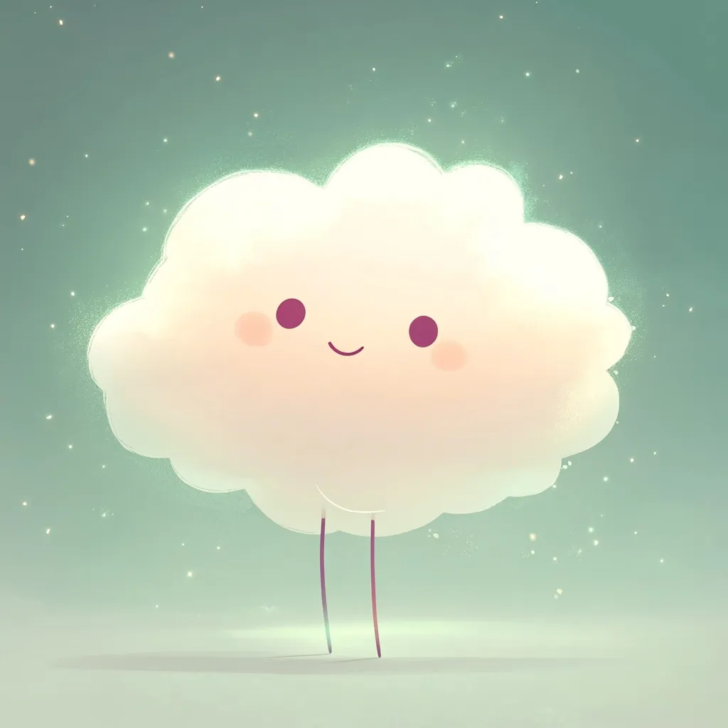 A whimsical illustration depicts a smiling, cloud-like character with tiny legs.  The cloud is softly colored, glowing faintly against a muted green background sprinkled with light particles.  The overall aesthetic is cute and dreamy, suggesting a sense of gentle joy and wonder.