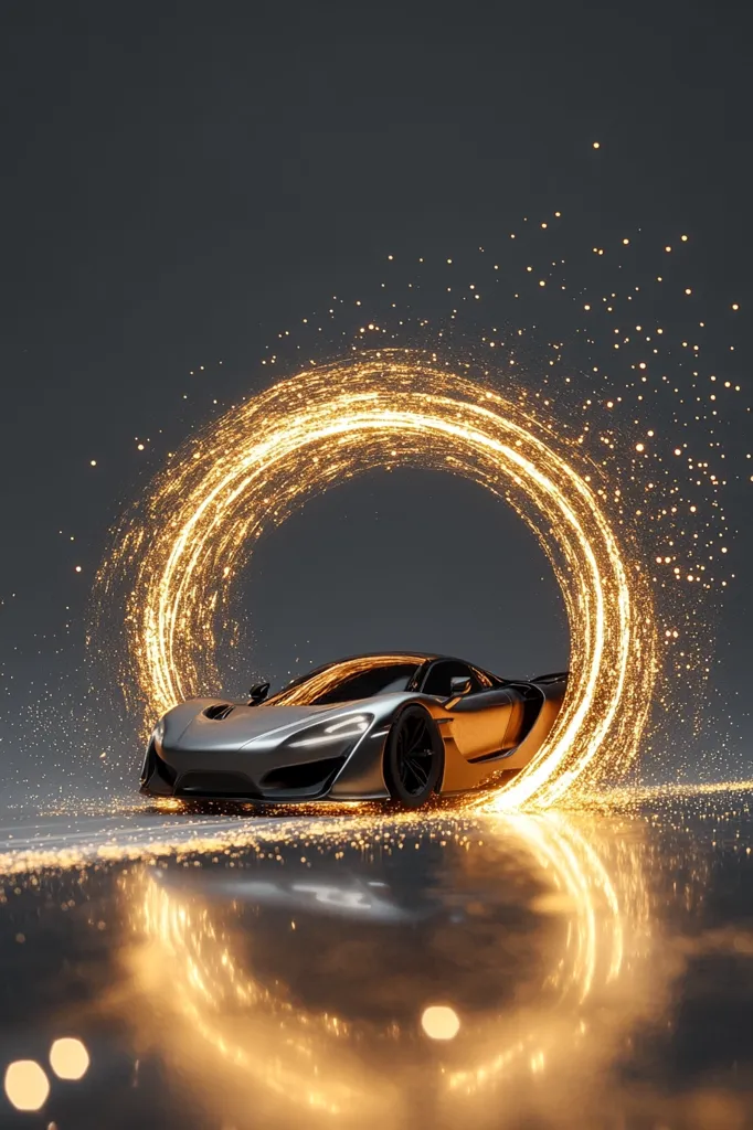 A sleek, silver sports car sits within a glowing golden ring of light.  The vibrant circle of sparks contrasts against the dark background, creating a dramatic and luxurious image. The car's reflection is visible on the polished surface below, enhancing the overall sense of speed and elegance. The scene is a visually stunning representation of power and prestige.