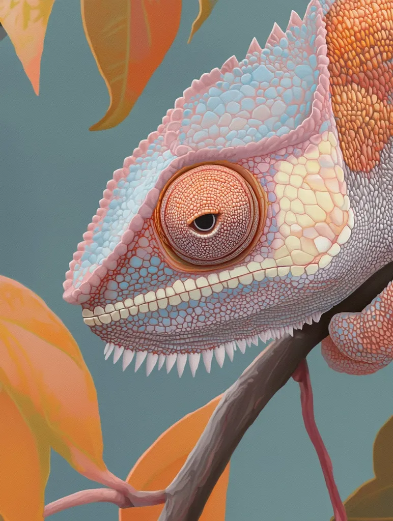 A close-up illustration showcases a chameleon's head and upper body, perched on a branch amidst muted orange leaves. The chameleon's skin displays a pastel palette of pinks, blues, and oranges, with meticulously detailed scales. Its large, expressive eye is captivating, adding depth to the artwork's realistic rendering. The overall style is a blend of realism and stylized color choices, creating a visually appealing and detailed image.