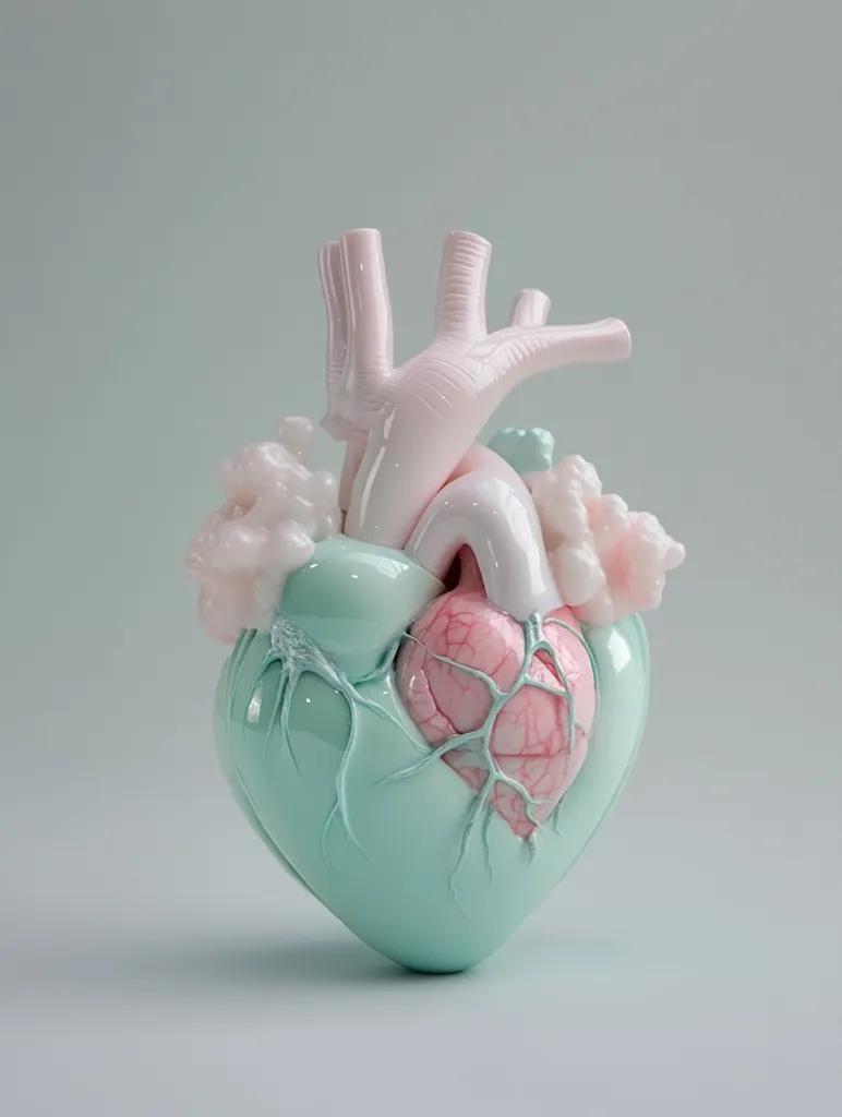 A pastel-colored anatomical heart sculpture is showcased against a light-blue background.  The heart is predominantly mint green with a visible, pink interior and delicate, light pink vessels and pulmonary arteries.  The surface appears smooth and glossy, creating a stylized, almost whimsical representation of the human heart.  The overall aesthetic is soft, dreamy, and artistic.