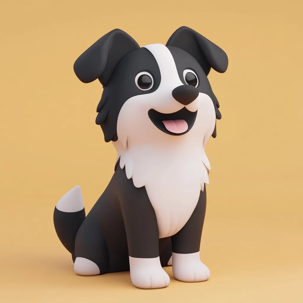 A charming 3D rendering of a Border Collie puppy sits against a muted gold backdrop.  The stylized dog boasts a cheerful expression, with large, expressive eyes and an open mouth revealing a pink tongue.  Its black and white fur is smooth and glossy, showcasing a classic Border Collie pattern. The overall style is cute and cartoonish.