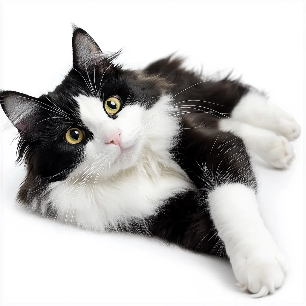 A tuxedo cat, predominantly black and white, lies on its side against a white background.  Its bright yellow eyes are captivating, and its fluffy fur is visible. The cat's paws are neatly presented, and its expression is alert and engaging, suggesting a playful and friendly nature. The image is sharply focused, highlighting the cat's striking features.
