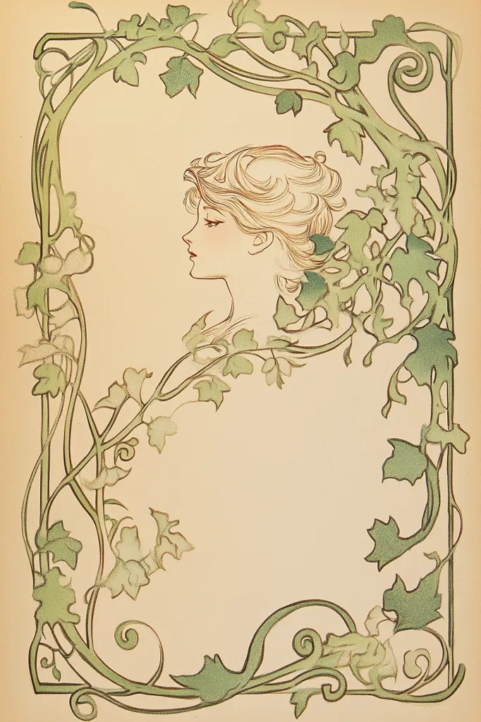 A delicate Art Nouveau illustration features a young woman's profile, her blonde hair styled elegantly.  She is framed by an ornate border of flowing green vines and leaves, rendered in soft, pastel shades. The style is reminiscent of Alphonse Mucha, with graceful lines and a sense of serene femininity. The overall effect is one of refined beauty and gentle elegance.