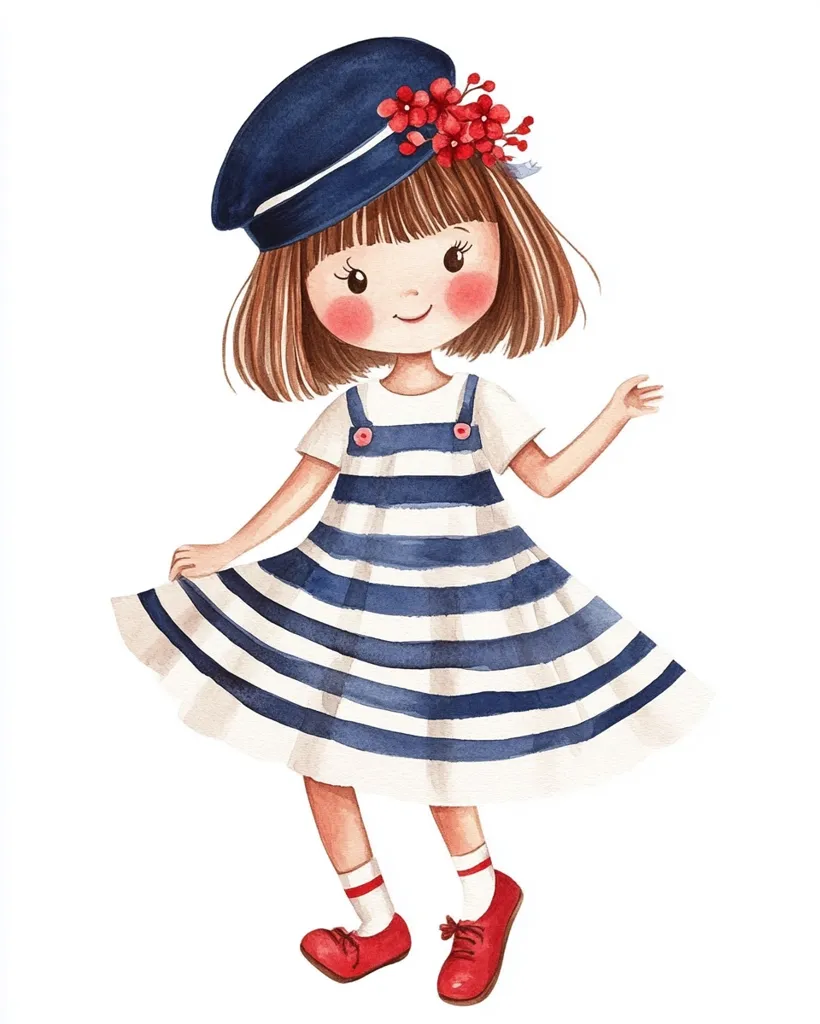 A charming watercolor illustration depicts a young girl with short brown hair, wearing a navy blue beret adorned with red flowers.  She's dressed in a lovely blue and white striped sundress and bright red shoes. Her cheerful expression and playful pose create a sweet and endearing image.  The style is reminiscent of children's book illustrations.