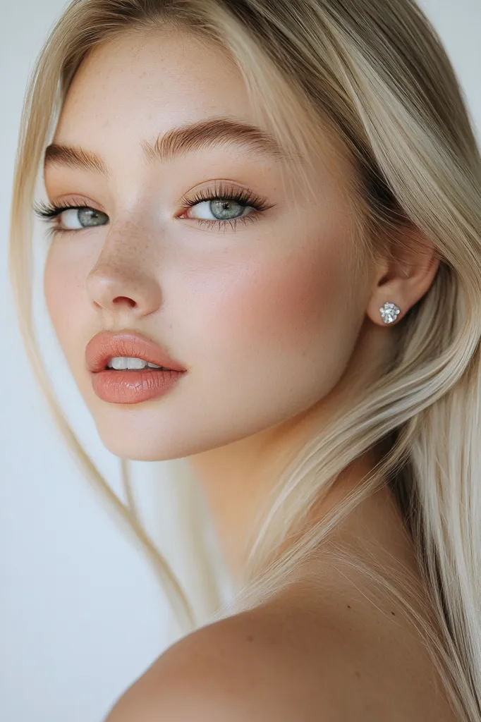 Close-up portrait of a young woman with long, flowing blonde hair.  She has fair skin with freckles,  delicate makeup featuring neutral tones, and subtle blush.  Her expression is soft and serene. She wears a small, understated earring. The overall aesthetic is clean, natural, and beautiful.