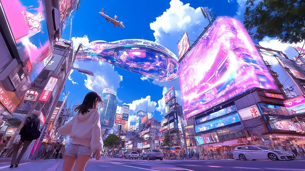 A young woman with short dark hair walks down a vibrant, futuristic city street.  Giant holographic billboards and advertisements line the buildings, glowing with pink and purple hues.  A large, translucent, iridescent object floats overhead, while a plane flies in the clear sky. The scene is a blend of anime-style art and futuristic cityscapes, creating a surreal and captivating atmosphere.