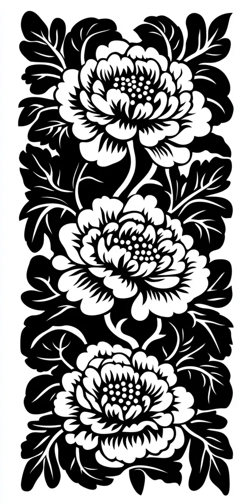 A vertical black and white floral design features three large, stylized peonies arranged vertically, connected by stems and leaves. The peonies are detailed with multiple petals and a central cluster of dots representing the flower's center.  The leaves are bold and intricately shaped, creating a lush, almost Art Nouveau-style composition. The design is framed by larger leaves at the top and bottom, and is suitable for print or textile applications.