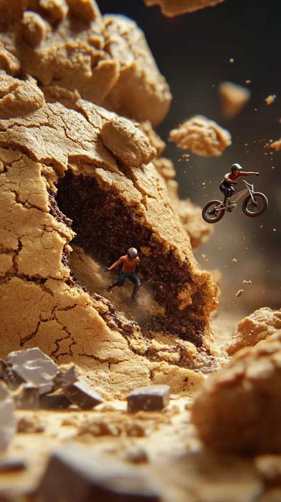 A miniature biker soars through the air above a cracked, chocolate-filled cookie. Another miniature figure scales the cookie's crumbly side.  The scene is set amidst a landscape of broken cookie pieces and scattered chocolate chunks, creating a whimsical, surreal image.  The contrast between the miniature figures and the oversized cookie is striking.