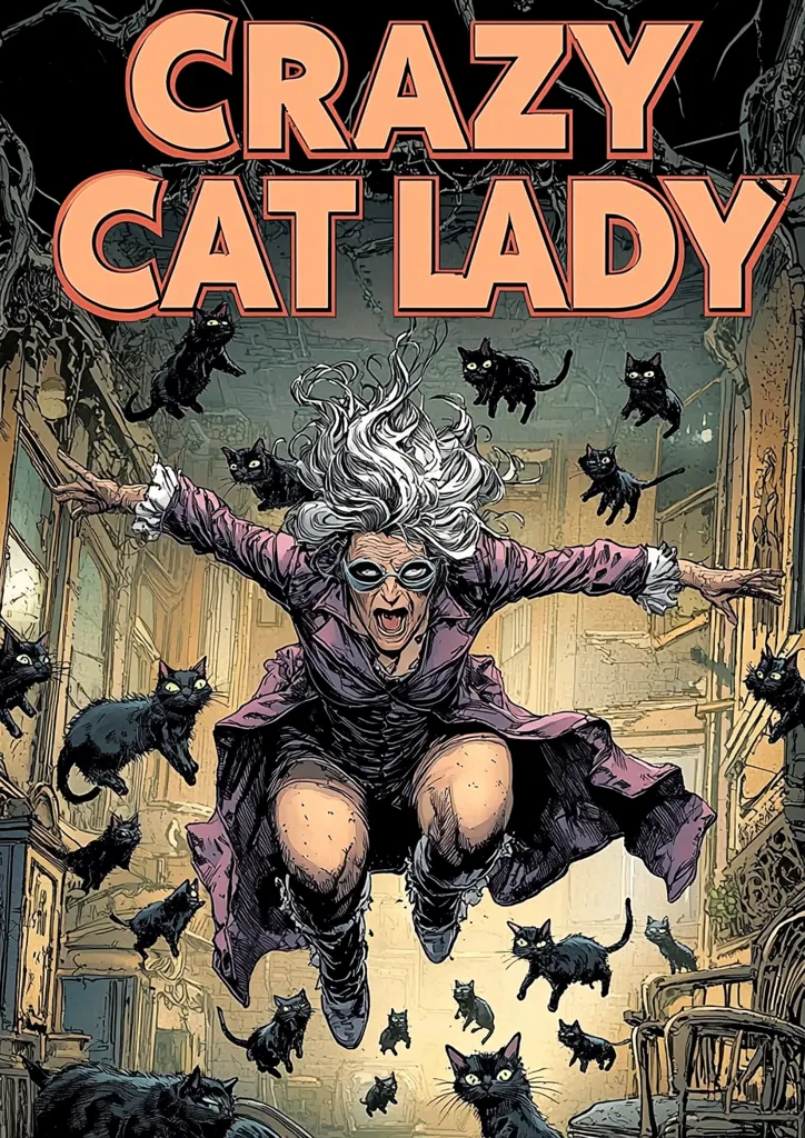 The comic book cover for "Crazy Cat Lady" features a woman with long gray hair, wearing a purple coat, leaping through the air, surrounded by numerous black cats.  The title is prominently displayed in orange lettering. The setting appears to be an old, possibly dilapidated building. The overall style is dark and slightly gothic, with a whimsical element due to the abundance of cats.
