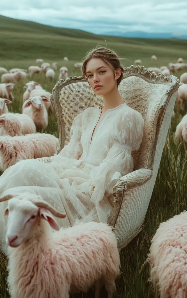 A young woman in a flowing white dress sits in an ornate chair amidst a flock of sheep in a verdant field.  The scene is idyllic and serene, with a soft, ethereal quality enhanced by the muted colors and soft light.  The sheep surround the chair, creating a peaceful and whimsical tableau. The woman's expression is calm and contemplative.