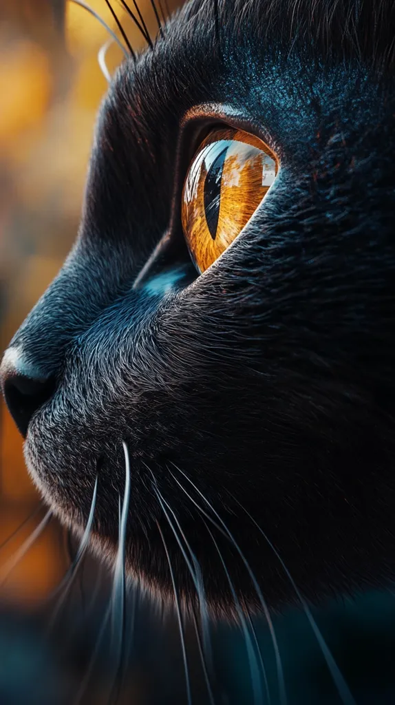 A close-up profile view of a black cat's face.  Its fur is dark and glossy, its whiskers long and prominent. The cat's amber eye is striking against the dark fur, reflecting a warm light.  The image focuses on texture and detail, highlighting the cat's intense gaze.  The background is blurred, drawing attention to the feline subject.