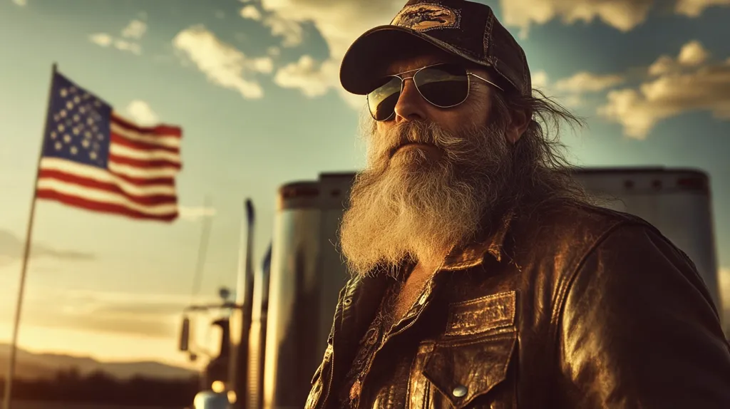A weathered, long-bearded man in sunglasses and a leather jacket stands before a large semi-truck, an American flag waving softly in the background.  The setting sun casts a warm glow on the scene, creating a dramatic, patriotic ambiance.  The image evokes a sense of rugged individualism and American spirit.