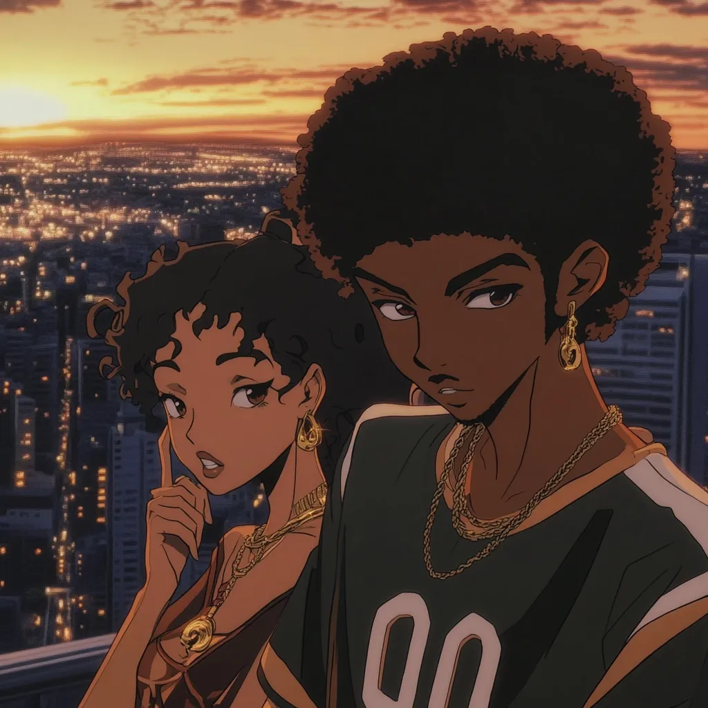 A stylish anime-style couple, a young man with an afro and a young woman with curly hair, pose against a nighttime cityscape backdrop.  They are adorned in gold jewelry, and the man sports a green jersey. The warm sunset colors contrast with the cool city lights, creating a vibrant and romantic atmosphere. The art style is reminiscent of 90s hip-hop culture.