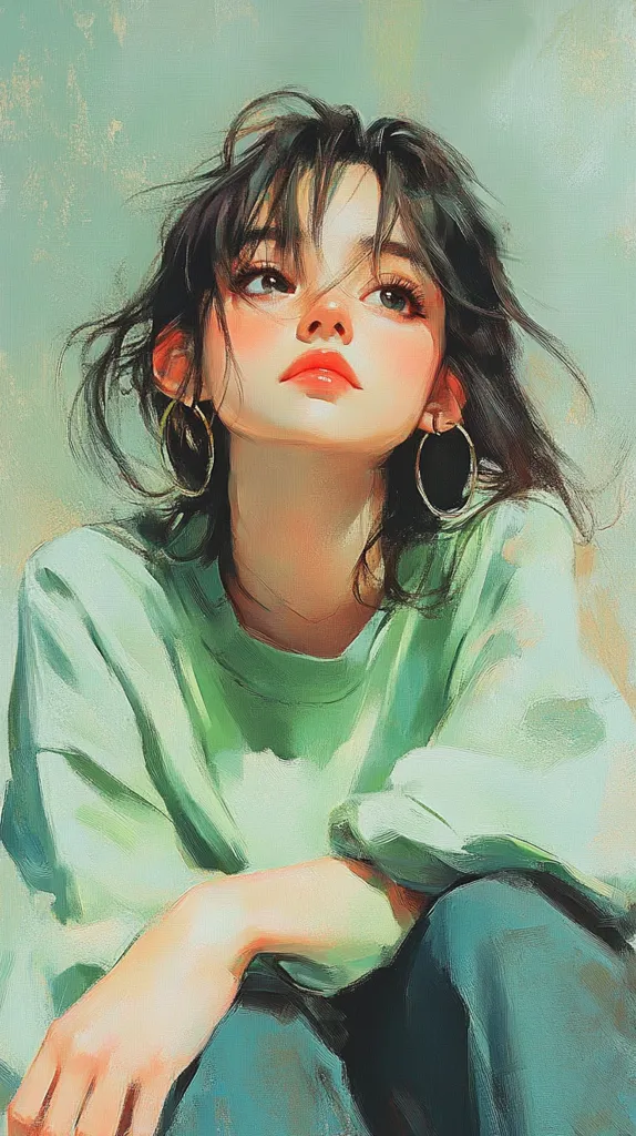 A stylized portrait of a young woman with dark hair and large hoop earrings. She wears a pale green sweater and teal pants. Her expression is serene, her gaze directed upward. The painting style is loose and impressionistic, with visible brushstrokes and a soft color palette. The overall mood is calm and contemplative.