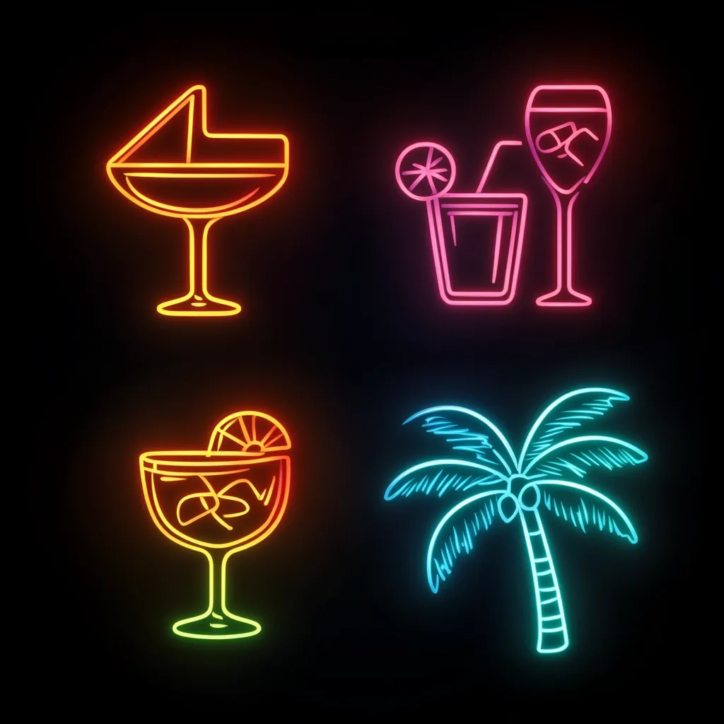 A vibrant set of neon signs depicts various cocktails and a palm tree.  The cocktails include a martini glass, a short glass with a straw and garnish, and a coupe glass with ice and fruit.  The palm tree is rendered in turquoise and teal hues, completing the tropical theme.  The neon colors create a bright, eye-catching effect against the dark background.