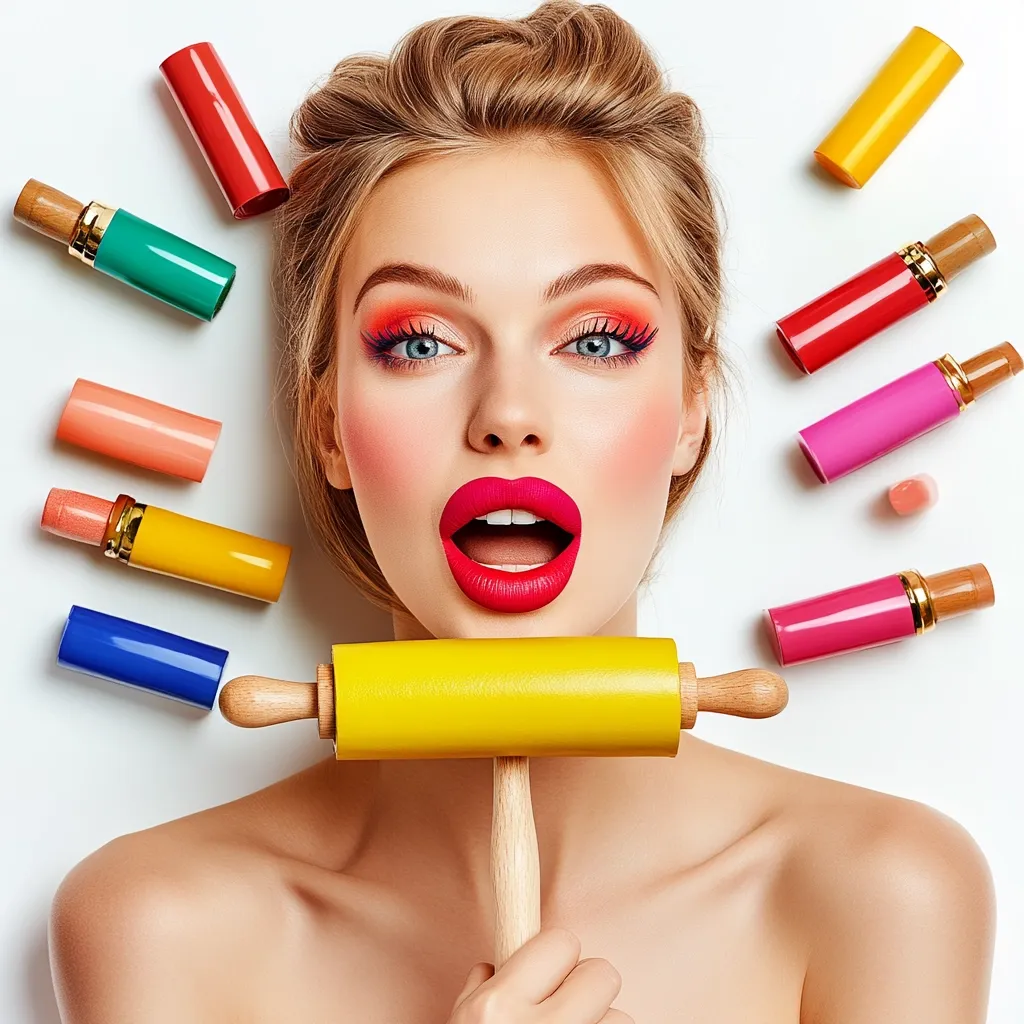 A young woman with vibrant makeup, including bright orange eyeshadow and bold red lipstick, holds a yellow rolling pin under her chin.  Surrounding her are numerous colorful lipstick tubes in various shades, creating a playful, colorful scene. Her expression is one of surprised excitement, contrasting the serious tone of a typical beauty shot.  The overall image is bright, fun, and slightly quirky.