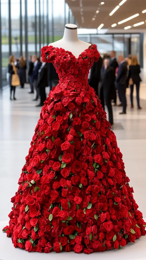 A stunning gown, crafted entirely from hundreds of vibrant red roses, is displayed on a mannequin.  The off-the-shoulder, V-neck design is elegantly showcased in a spacious, modern setting.  Blurred figures in the background suggest a formal event or gallery. The dress is a breathtaking example of floral artistry and design.