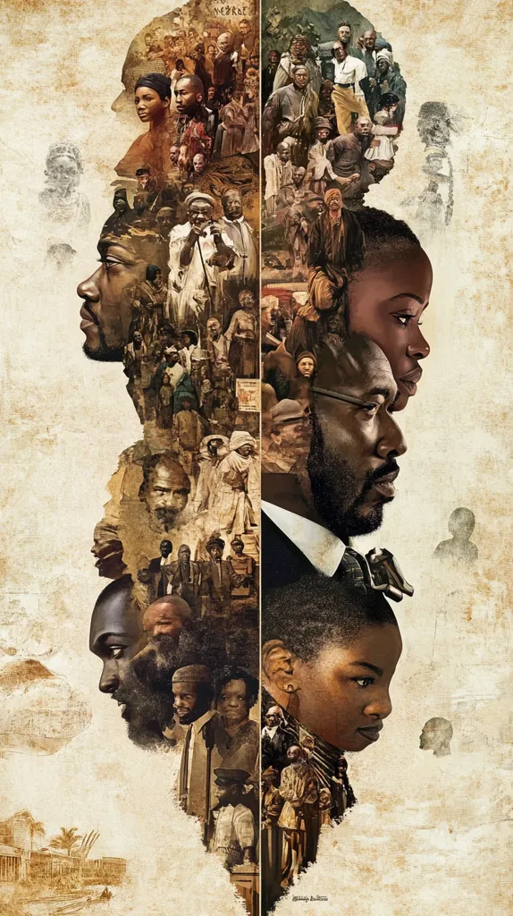 A striking sepia-toned artwork depicts a series of profile portraits, alternating between men and women, their faces forming a continuous vertical line.  Each profile is intricately overlaid with a collage of historical scenes featuring numerous figures in period attire, suggesting a narrative spanning generations and events. The overall impression is one of heritage, resilience, and the passage of time within a specific cultural context. The style is reminiscent of photorealistic painting, meticulously detailed and textured.