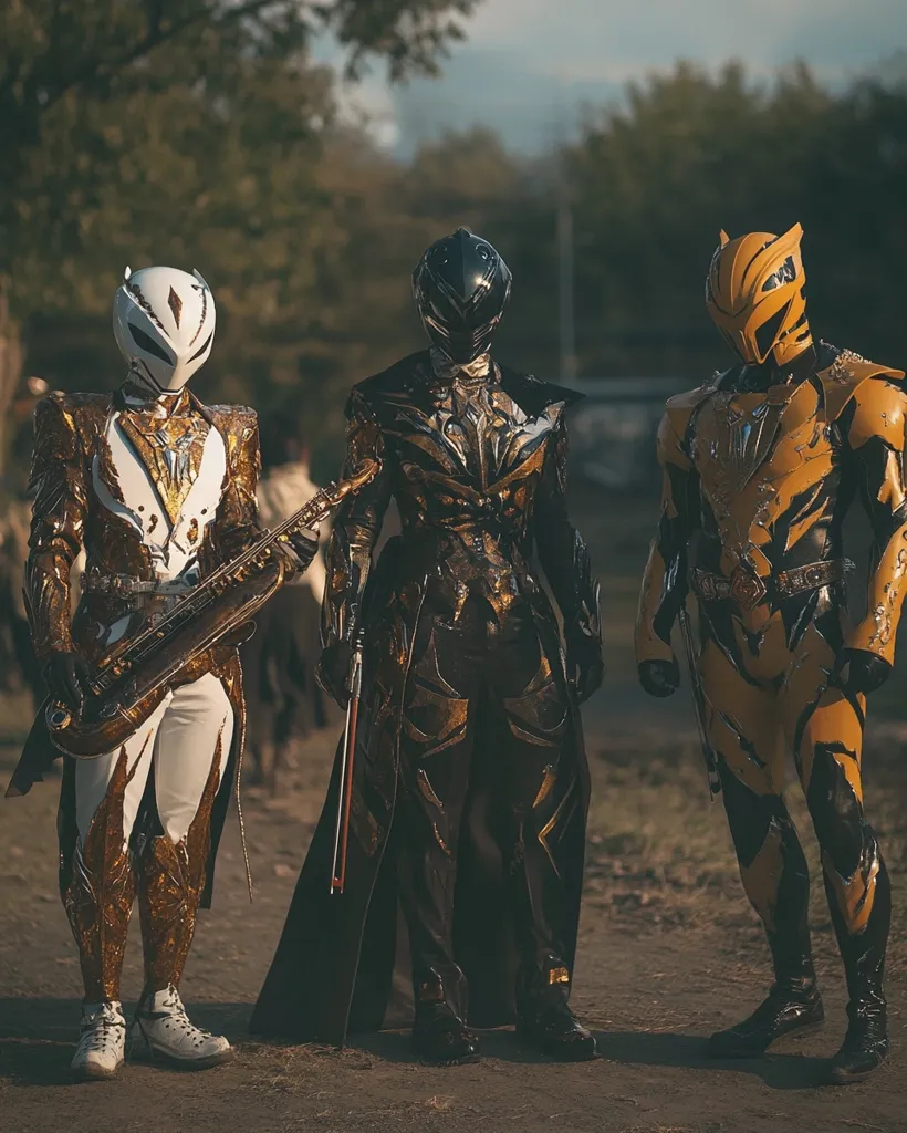 Three figures in elaborate, futuristic costumes stand outdoors.  One, in white and gold, holds a saxophone.  The central figure wears dark, metallic armor, and the third is clad in yellow and black.  Their helmets are stylized and angular. The setting appears to be a dirt road, with trees in the background. The overall aesthetic is dark fantasy or science fiction.