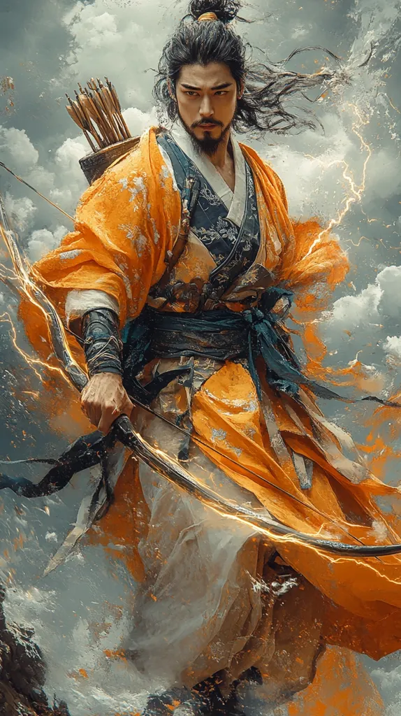 A dramatic portrait of a male archer, possibly of East Asian descent, clad in flowing orange robes.  He holds a large bow, crackling with energy, his long dark hair whipping in the wind.  A quiver of arrows is slung across his back. The background is a stormy sky, emphasizing his powerful and mystical presence.  The artistic style blends realism with painterly effects, creating a sense of motion and intensity.