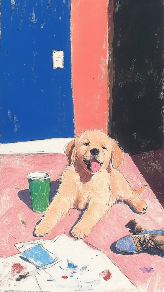 A painting depicts a golden retriever puppy lying on a pink surface near art supplies.  A green disposable cup sits beside the dog, and a paint-splattered canvas is nearby.  A shoe and other miscellaneous items are scattered on the floor. The background features a vibrant blue door and coral wall. The style is loose and expressive, with visible brushstrokes.