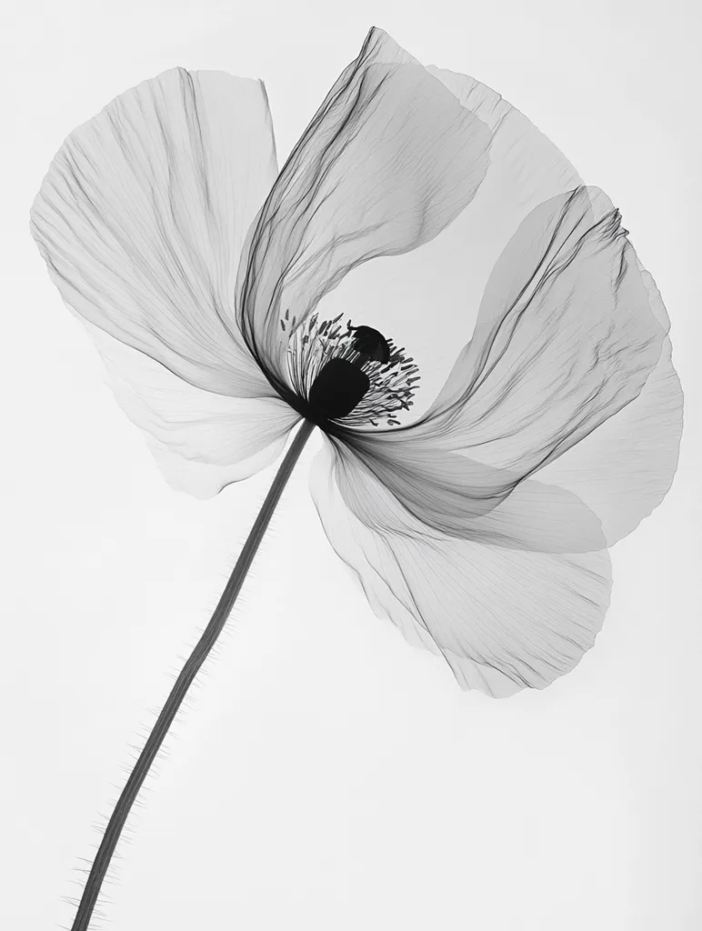 A grayscale image showcases a poppy flower, its delicate petals rendered translucent, revealing intricate vein-like structures.  The stem, slender and textured, extends elegantly from the bloom. The image's ethereal quality emphasizes the flower's fragility and delicate beauty against a stark white background.  The central pistil is dark, contrasting with the light petals.