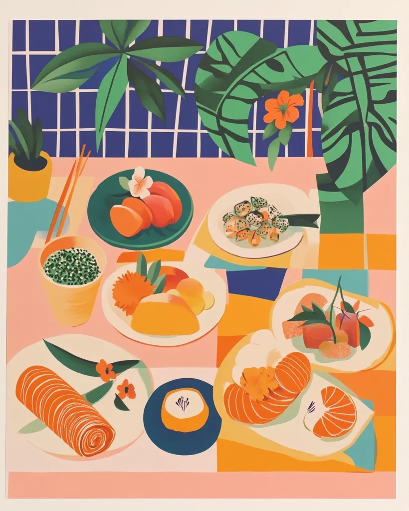 A vibrant illustration depicts a table laden with an array of colorful food, set against a backdrop of stylized tropical plants and a blue-gridded wall.  Peaches, mangoes, and other fruits are arranged on plates alongside dishes of what appears to be sushi and other delicacies. The overall style is bold and graphic, with flat colors and simplified forms.  The scene evokes a feeling of warmth and abundance.