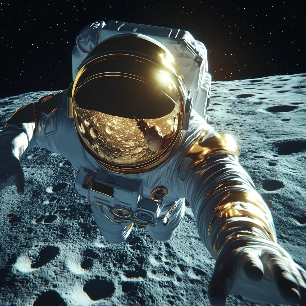A lone astronaut floats above the lunar surface, their golden visor reflecting the cratered landscape.  The spacesuit is predominantly white with gold accents, and the astronaut's hand reaches towards the viewer. The scene is dramatic, showcasing the vastness of space and the isolation of the astronaut.  The background reveals a star-filled night sky.