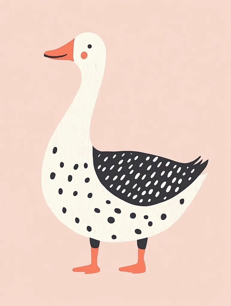 A charming illustration of a goose features a predominantly white body adorned with scattered black polka dots.  The goose's neck is long and elegant, its beak a cheerful orange, and its legs a matching coral hue.  The style is minimalist and playful, set against a soft pink background, creating a cheerful and simple image.
