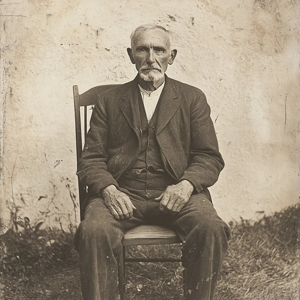 A sepia-toned portrait depicts an elderly man seated in a wooden chair. He is dressed in a dark suit and vest, his hands resting on his lap.  His face shows the lines of age and experience, a goatee and mustache framing his serious expression. The background is a textured wall, with some vegetation visible at the base. The image has a vintage, possibly 19th-century, photographic quality.