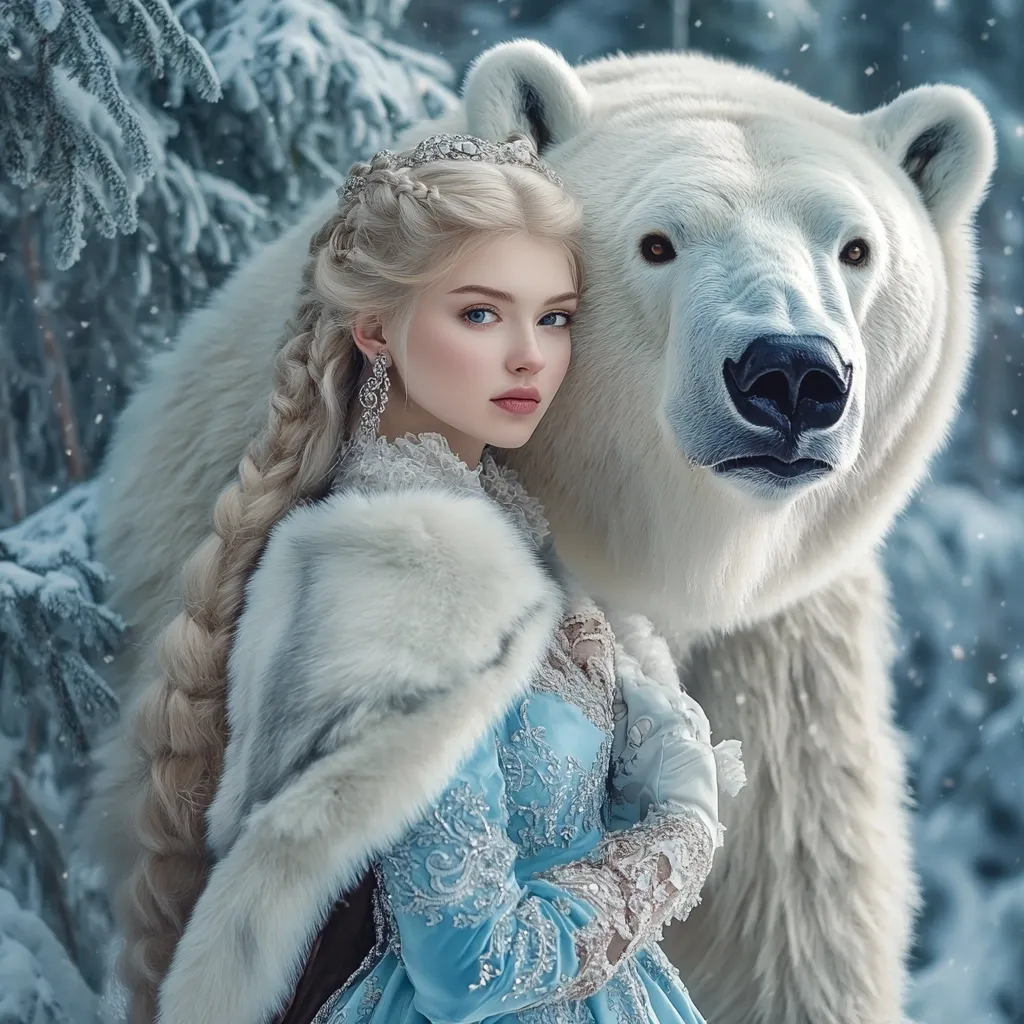 A young woman with long blonde braids, wearing a light blue gown and a white fur stole, stands beside a large polar bear in a snowy winter forest.  She wears a tiara and elegant earrings. The scene is ethereal and evokes a fairytale atmosphere, with the woman and bear appearing close and peaceful.  Falling snow adds to the magical ambiance.