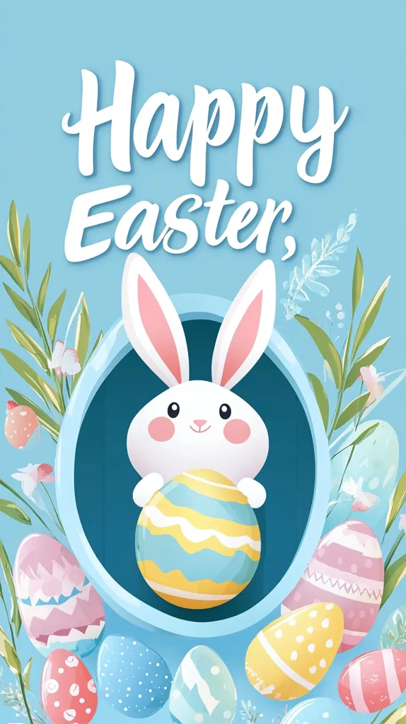 A Happy Easter greeting card features a cute white bunny holding a pastel-colored Easter egg.  The bunny sits within a light blue circle, surrounded by more decorated eggs and spring foliage.  The message "Happy Easter" is prominently displayed in a stylish white script font against a light blue background.  The overall style is cheerful and celebratory.