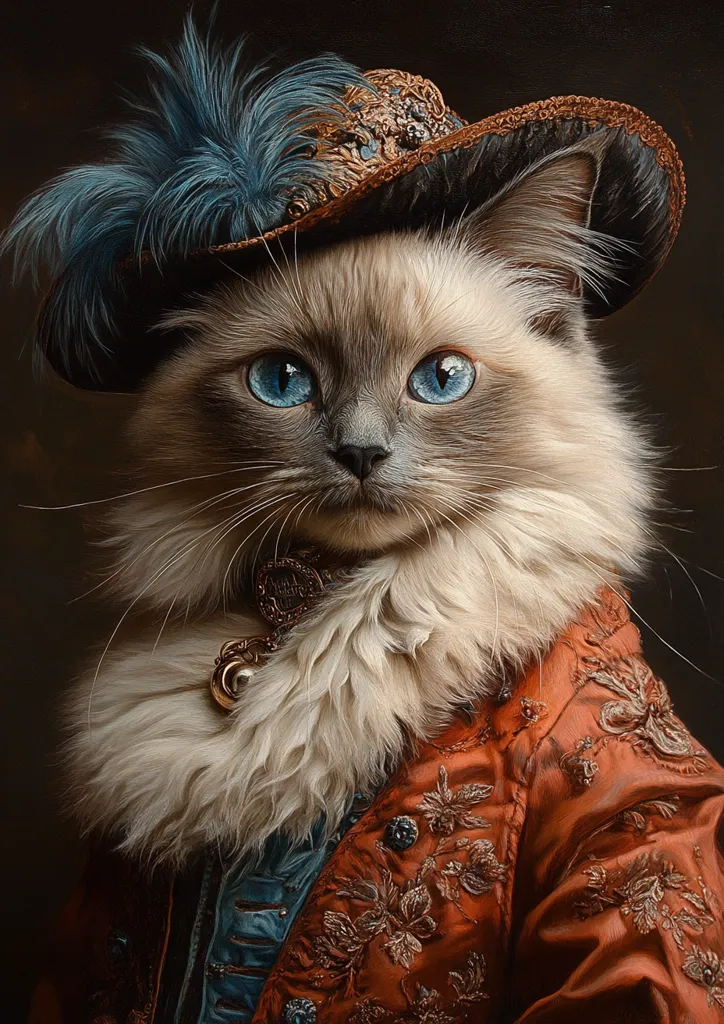 A regal Ragdoll cat, with striking blue eyes, is the subject of this painting.  The feline is adorned in an ornate, rust-colored jacket with gold embroidery, a plush white collar, and a wide-brimmed hat with a blue feather. The style evokes a classic portrait, giving the cat an air of aristocratic grandeur.  The artist's attention to detail is evident in the textures of the fur, fabric, and feathers.