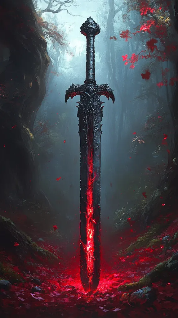 A large, ornate black sword stands upright in a dark forest.  Its blade glows with inner fire, casting a red light on the ground strewn with fallen, crimson leaves.  The sword's intricate details are sharply defined against the misty, ethereal background of shadowy trees. The scene evokes a sense of fantasy and power.