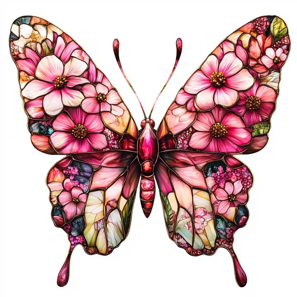 A stunning illustration depicts a butterfly with wings composed of vibrant pink flowers and intricate stained-glass detailing.  The body is a rich, dark pink with gold accents.  The overall style evokes a sense of elegance and artistry, resembling a piece of exquisite jewelry or a beautiful stained-glass window. The butterfly is presented against a stark white background, highlighting its intricate design and vibrant colors.