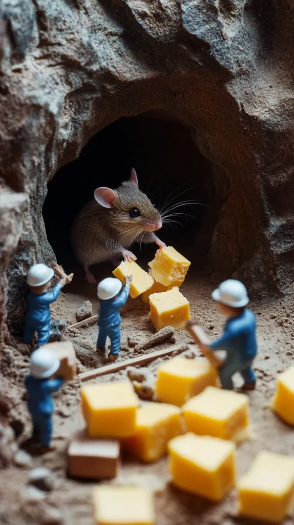 A large mouse peers from a cave, overseeing miniature construction workers diligently moving blocks of cheese.  The scene is set in a sandy, earthy environment, creating a whimsical contrast between the size of the mouse and the tiny workers. The cheese blocks are brightly colored, suggesting a playful and surreal scenario.