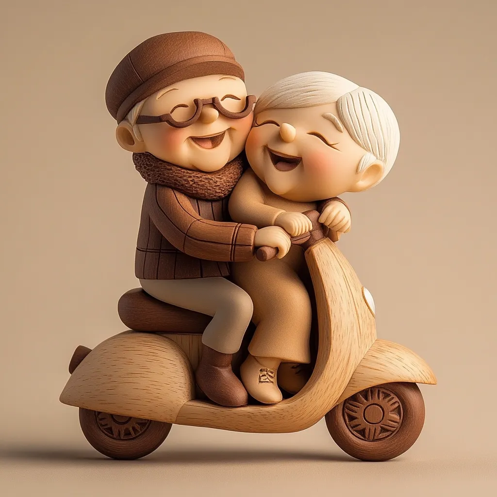 A charming figurine depicts a joyful elderly couple riding a wooden scooter.  The intricately carved figures, with warm, earthy tones, exude happiness and companionship. The man wears glasses and a hat, while the woman's hair is styled up.  Their cheerful expressions and close embrace create a heartwarming image of enduring love. The simple, yet elegant design of the scooter complements the overall aesthetic.
