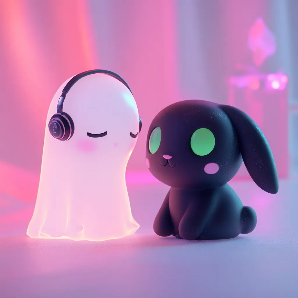 A luminous ghost figurine, wearing headphones, stands next to a small, dark-colored bunny.  Both are stylized with cute features and soft textures. The scene is bathed in a soft pink and purple glow, creating a whimsical and calming atmosphere. The ghost appears peaceful and serene, while the bunny looks curious and friendly.  The overall aesthetic is adorable and slightly mysterious.