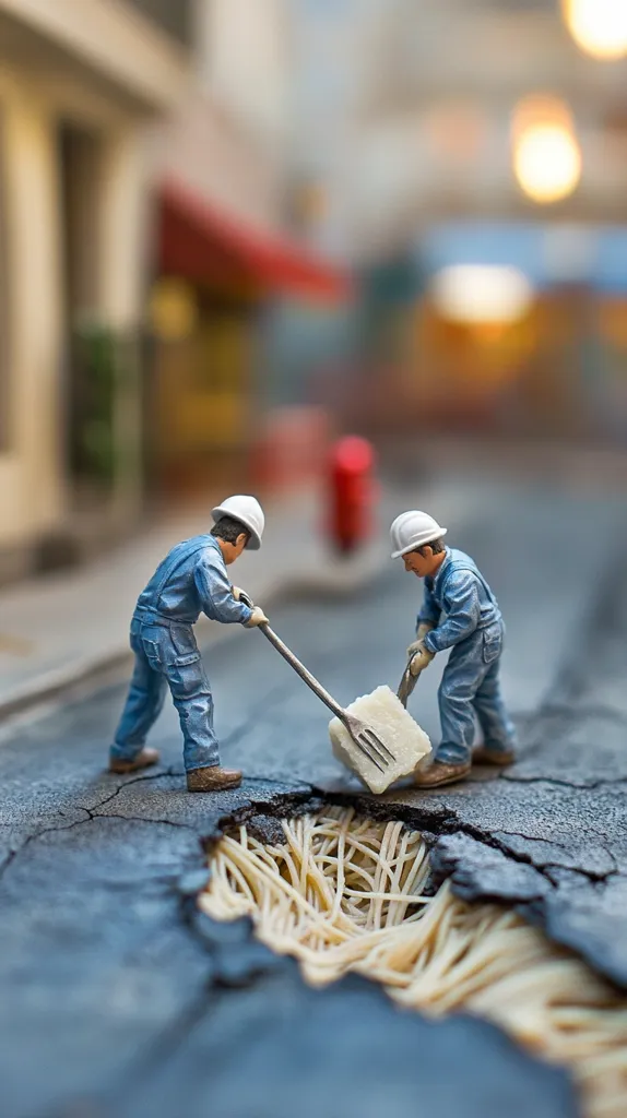 Two miniature construction workers in blue overalls and hard hats use a large fork to carefully lower a cube of cheese into a hole filled with spaghetti on a cracked road.  The scene is set against a blurred backdrop of a city street, creating a whimsical and surreal juxtaposition of scale and subject matter.